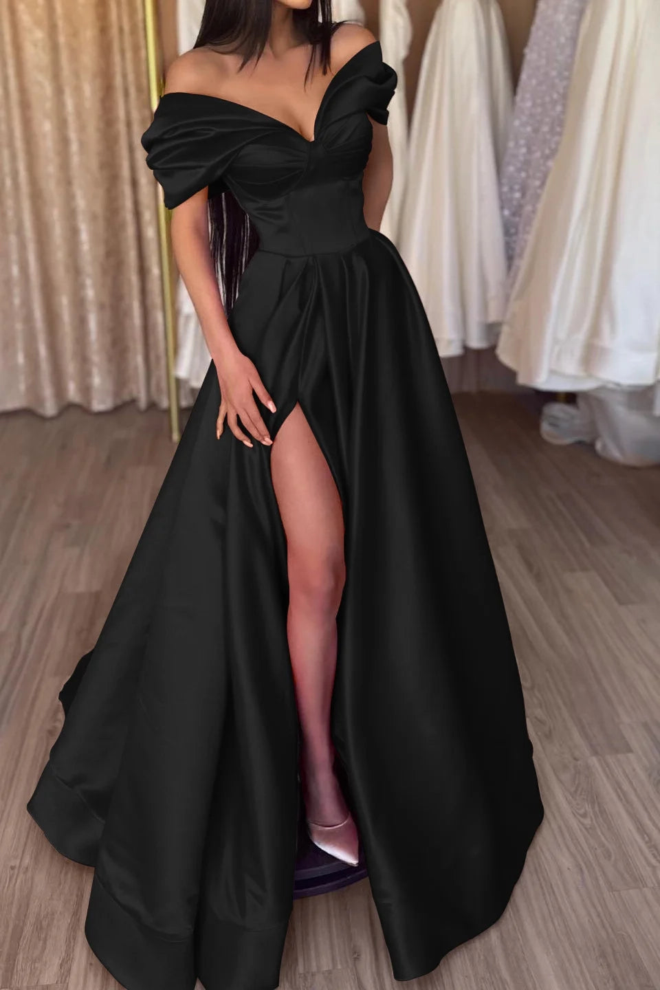 Glamorous A-Line Off-Shoulder Short Sleeve High Slit Maxi Party Dress
