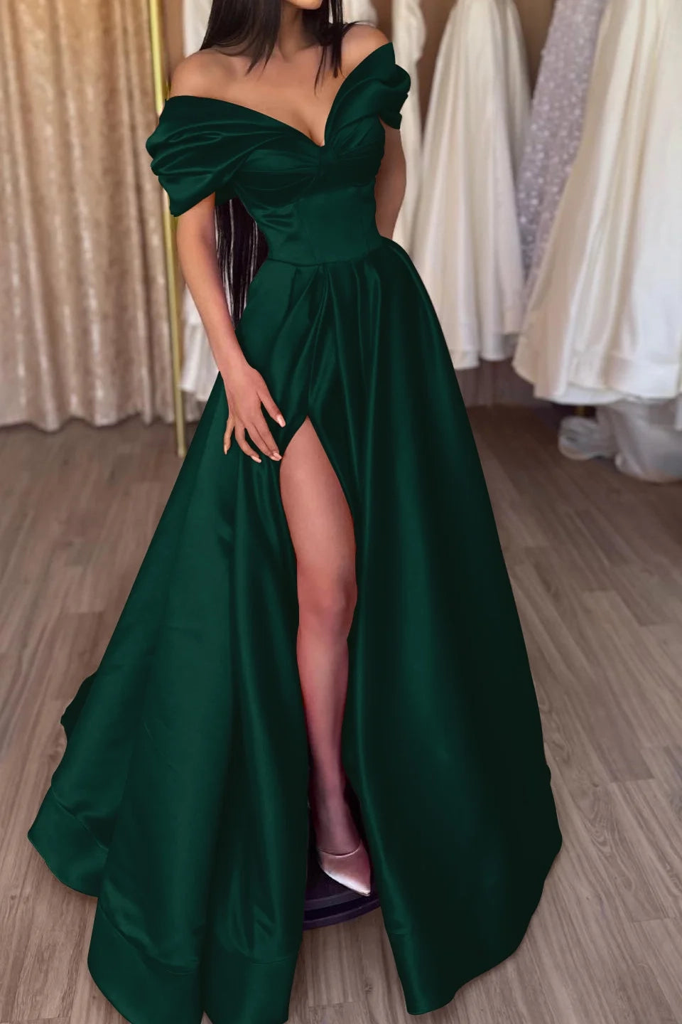 Glamorous A-Line Off-Shoulder Short Sleeve High Slit Maxi Party Dress
