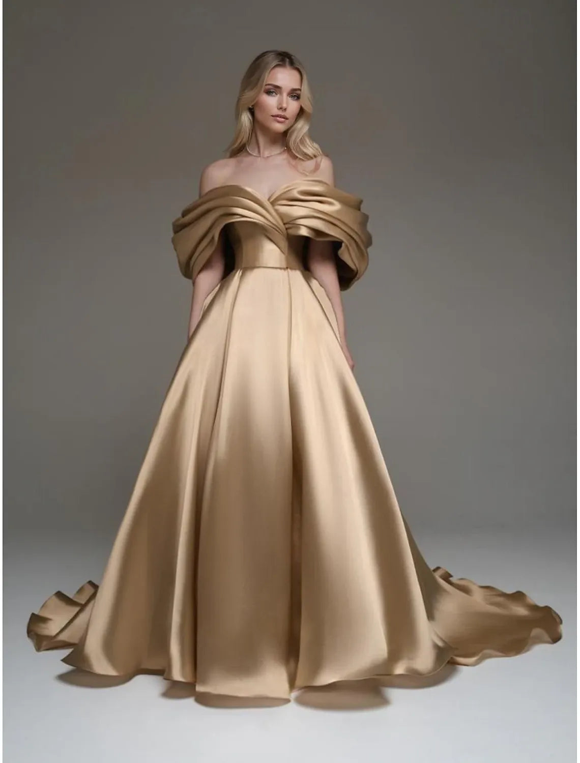 Glamorous A-Line Off Shoulder Ruffled Gold Train Prom Dress For Sale