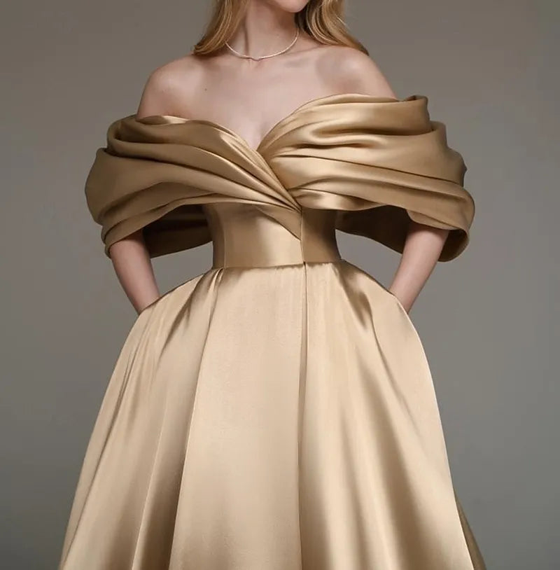 Glamorous A-Line Off Shoulder Ruffled Gold Train Prom Dress For Sale