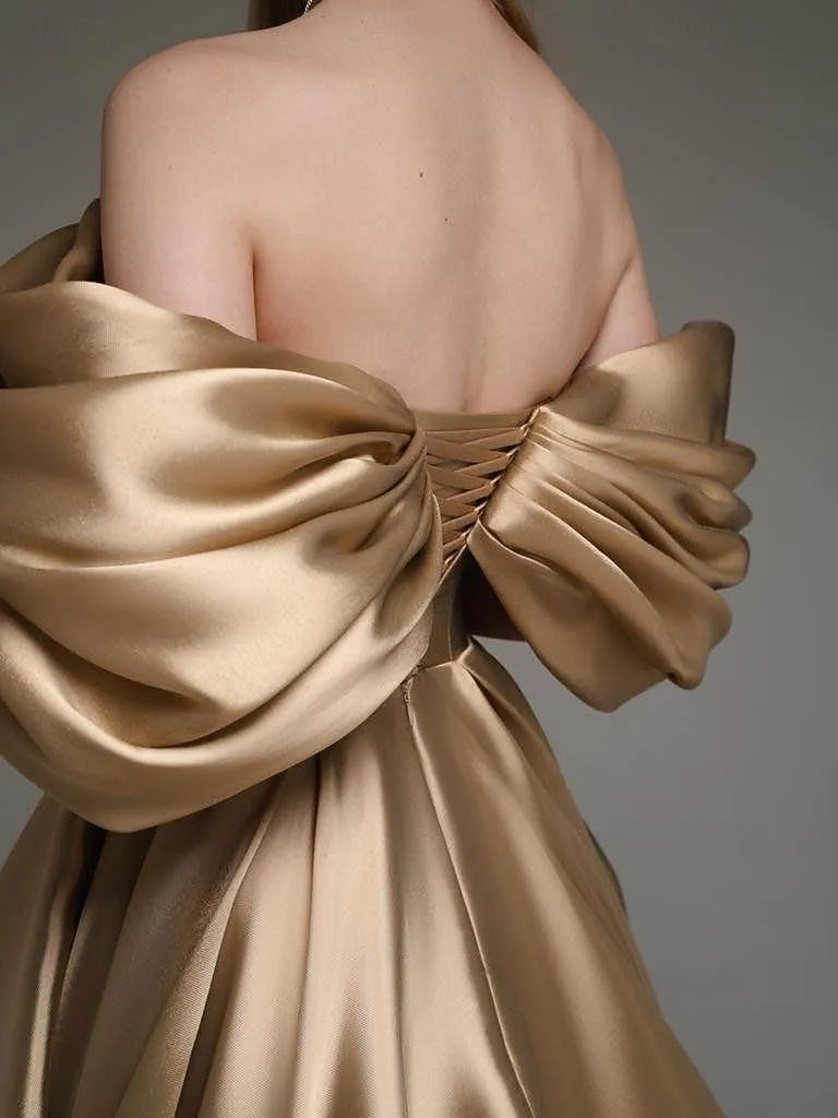 Glamorous A-Line Off Shoulder Ruffled Gold Train Prom Dress For Sale