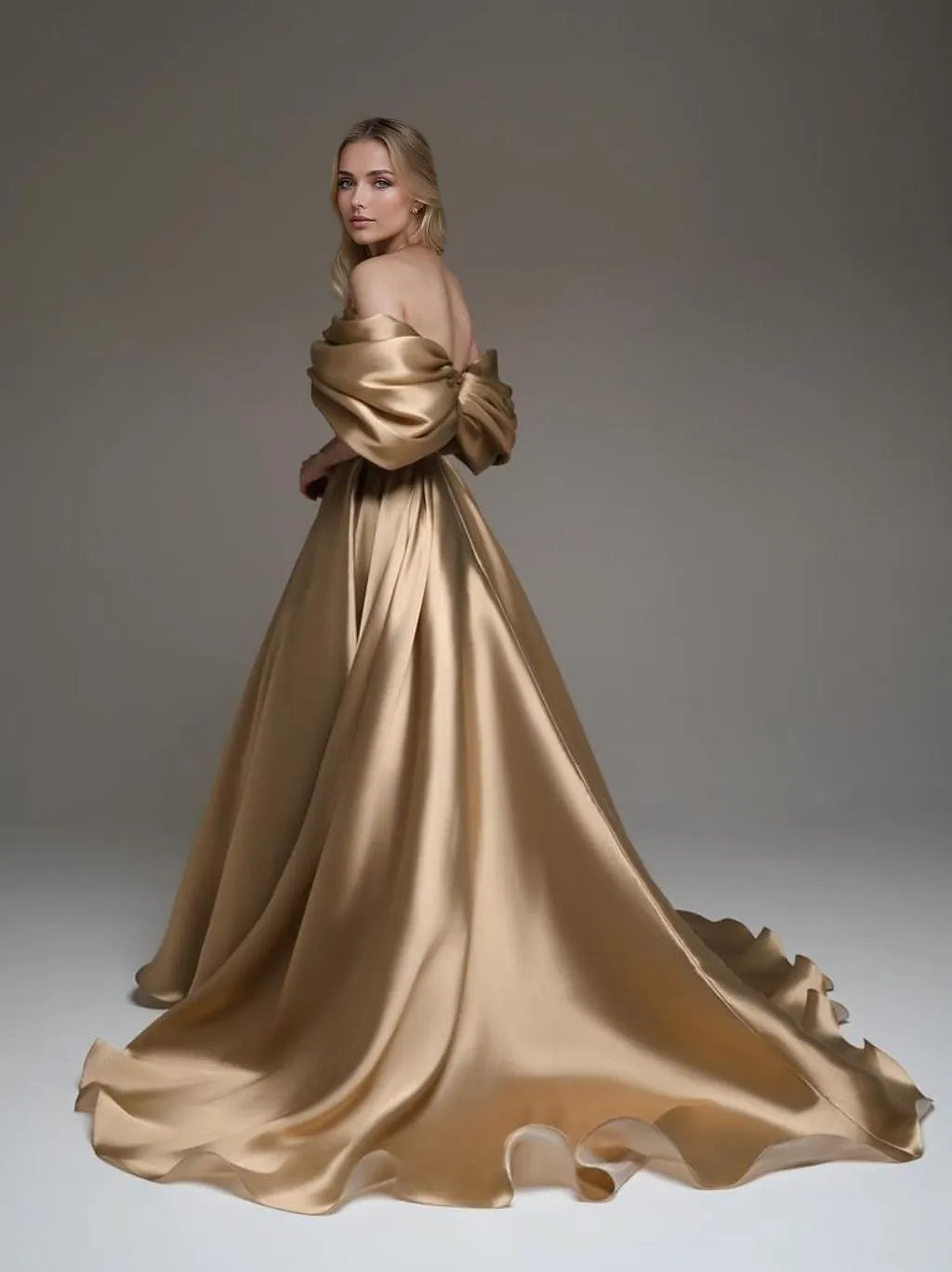 Glamorous A-Line Off Shoulder Ruffled Gold Train Prom Dress For Sale
