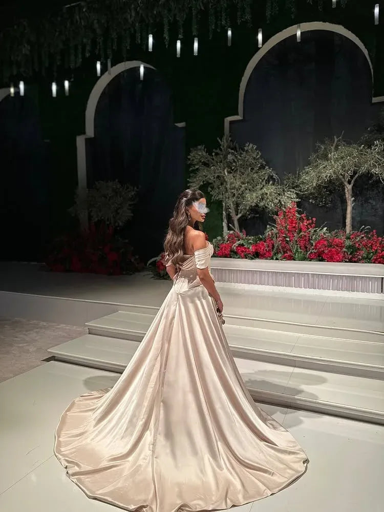 Glamorous A-Line Off Shoulder Satin Champagne Prom Dress With Side Slit