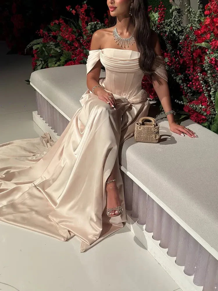 Glamorous A-Line Off Shoulder Satin Champagne Prom Dress With Side Slit