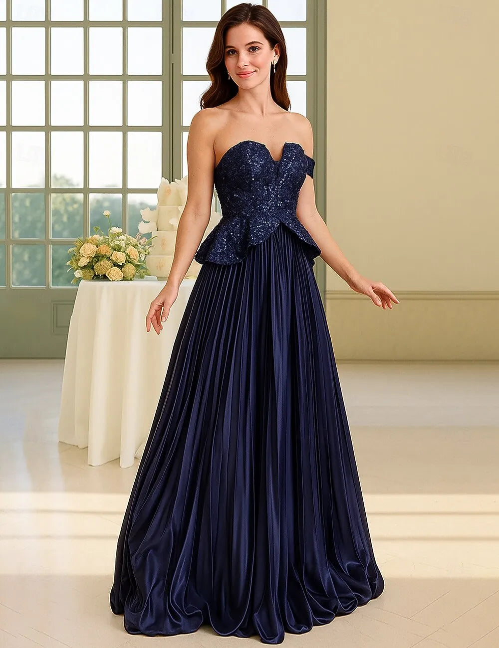 Glamorous A-Line Off Shoulder Peplum Pleated Sequin Navy Blue Evening Dress Hot Sale