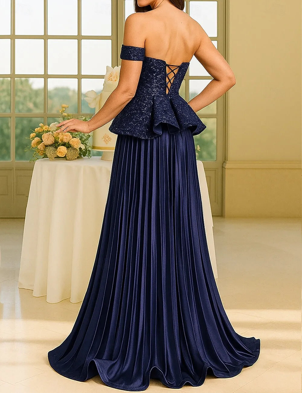 Glamorous A-Line Off Shoulder Peplum Pleated Sequin Navy Blue Evening Dress Hot Sale