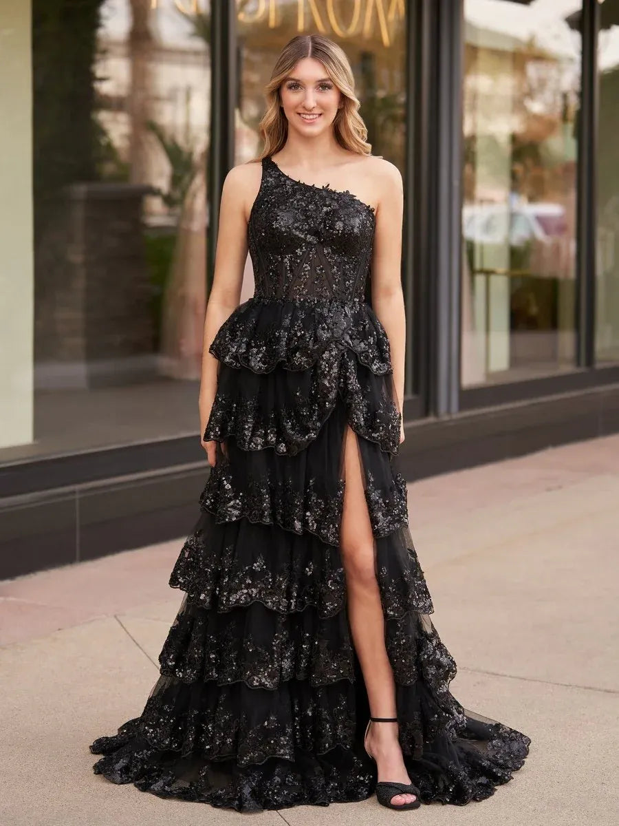 Glamorous A-Line One-Shoulder Applique Sequin Black Train Prom Dress With Slit