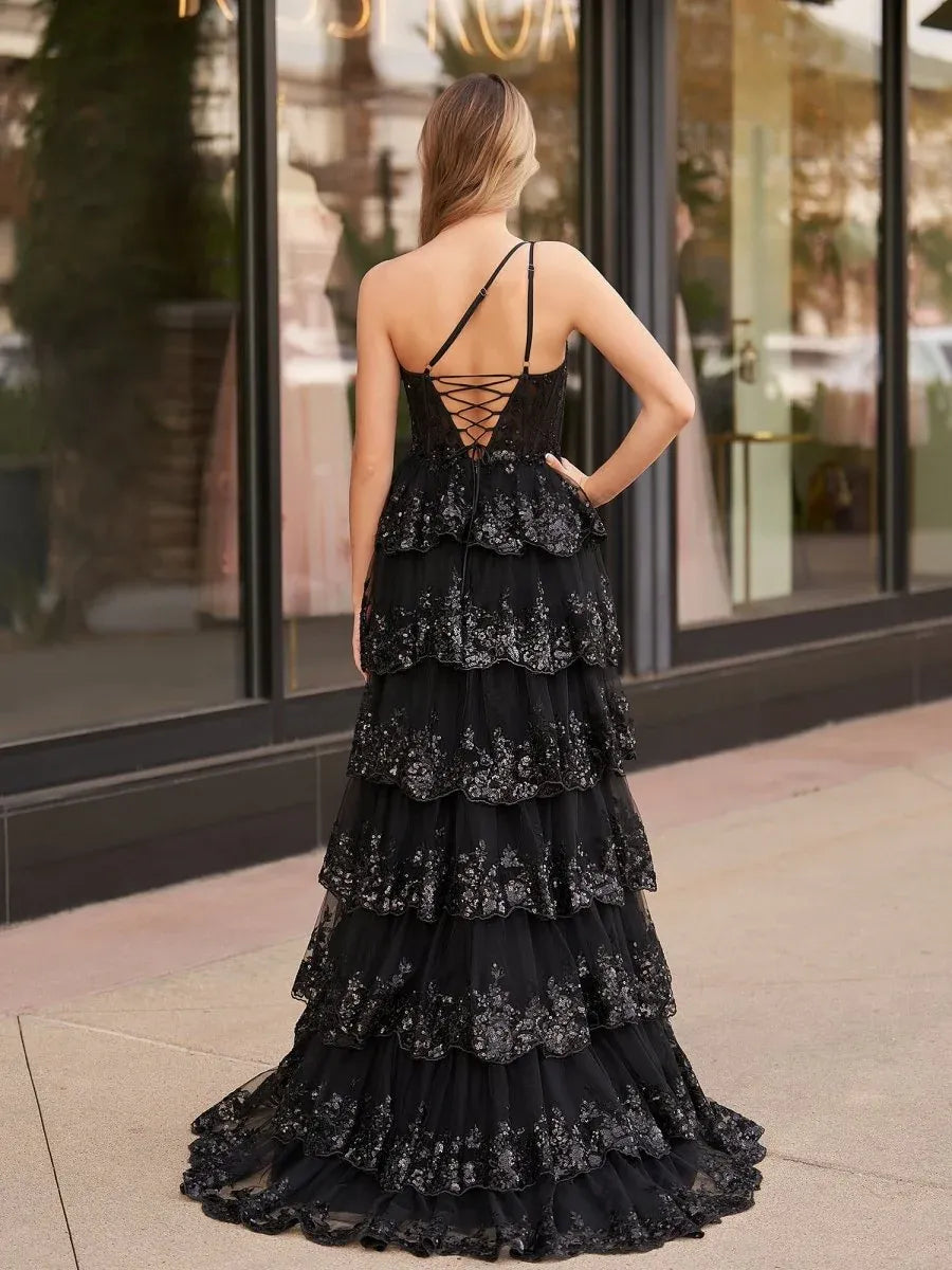 Glamorous A-Line One-Shoulder Applique Sequin Black Train Prom Dress With Slit