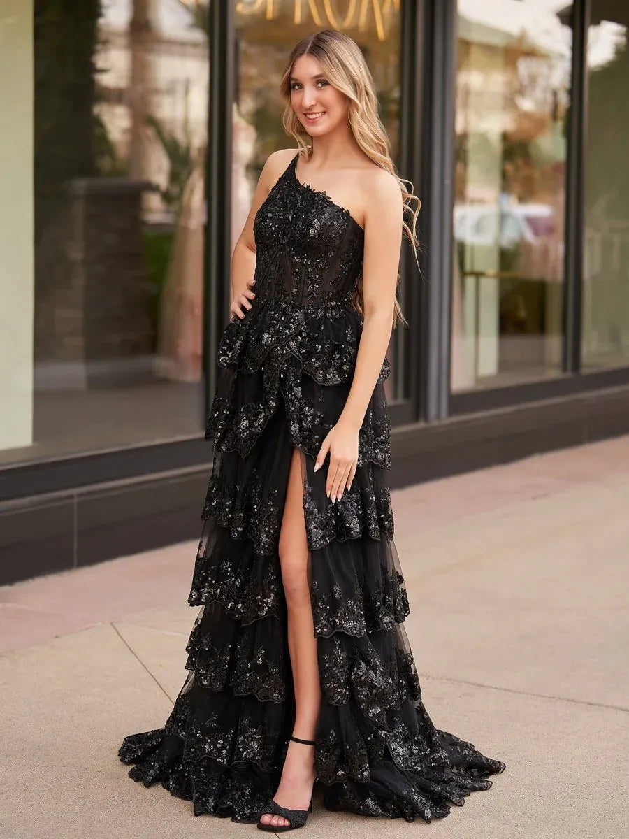 Glamorous A-Line One-Shoulder Applique Sequin Black Train Prom Dress With Slit