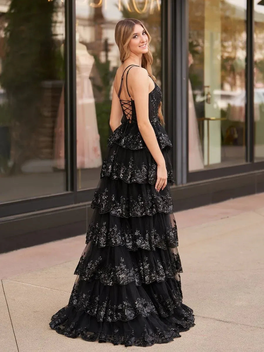 Glamorous A-Line One-Shoulder Applique Sequin Black Train Prom Dress With Slit