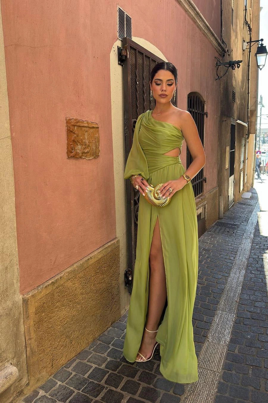 Glamorous A-Line One-Shoulder Single-Sleeve Cutout Lime Green Prom Dress