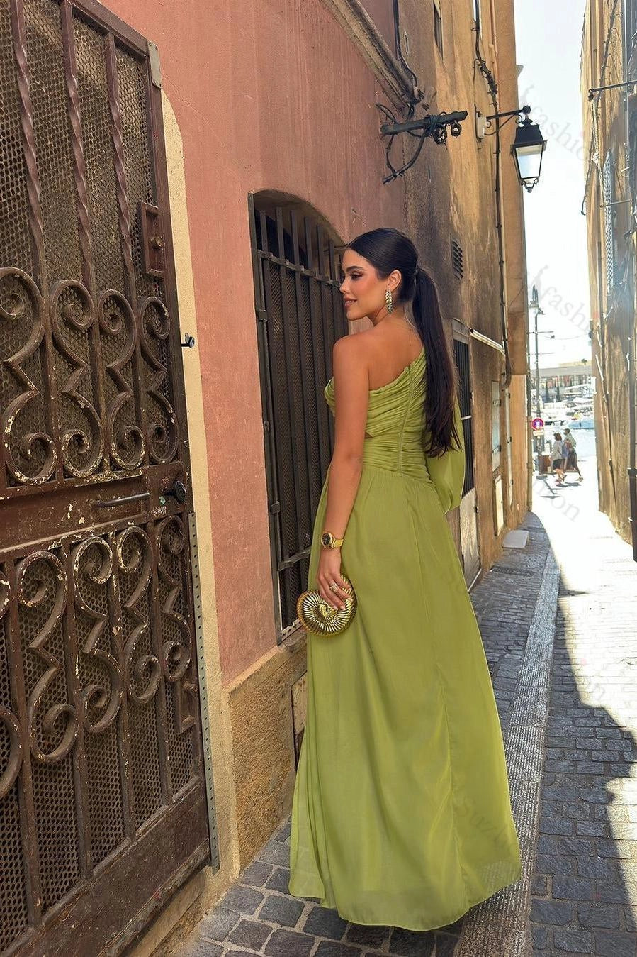 Glamorous A-Line One-Shoulder Single-Sleeve Cutout Lime Green Prom Dress