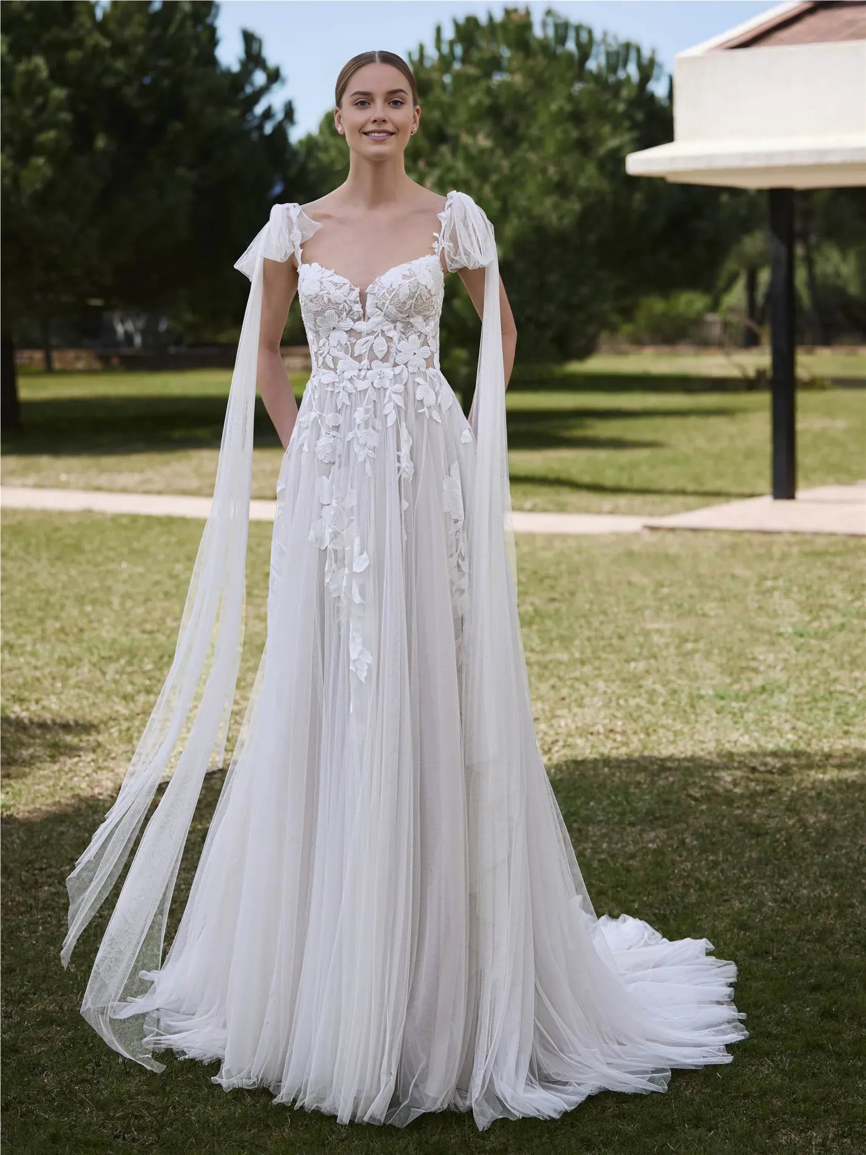 Glamorous A-Line Plunging Sweetheart Neck Cap-Sleeve Floral Embroidered Tulle-Cape Floor-Length Wedding Dress
