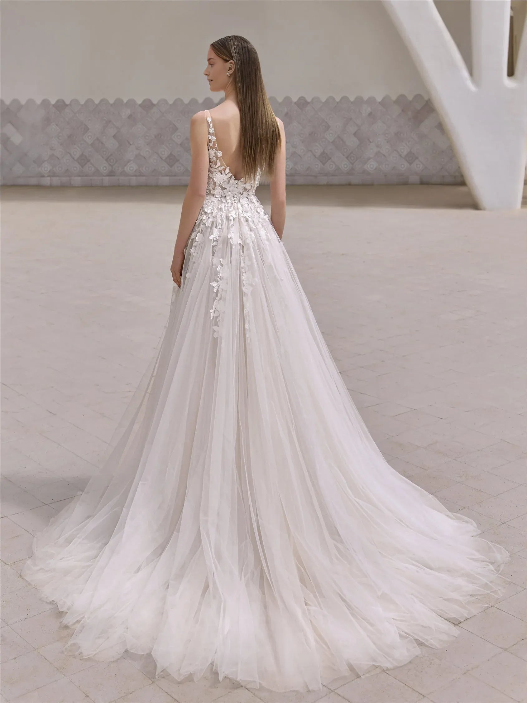Glamorous A-Line Plunging V-Neck Spaghetti-Strap Floral-Embroidered V-back Floor-Length Wedding Dress