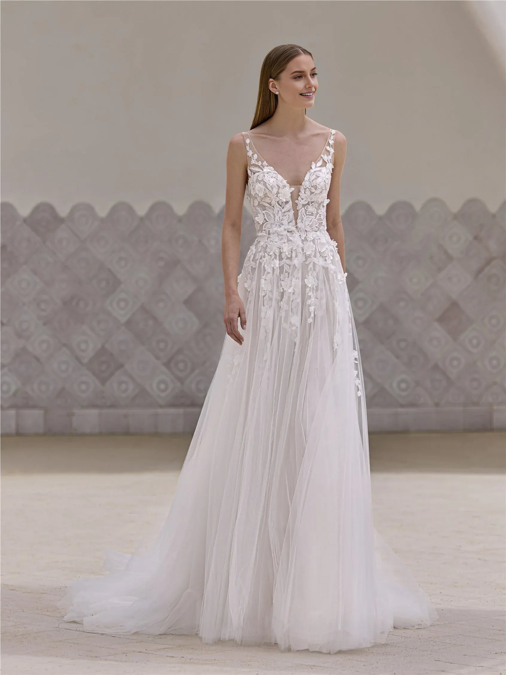 Glamorous A-Line Plunging V-Neck Spaghetti-Strap Floral-Embroidered V-back Floor-Length Wedding Dress