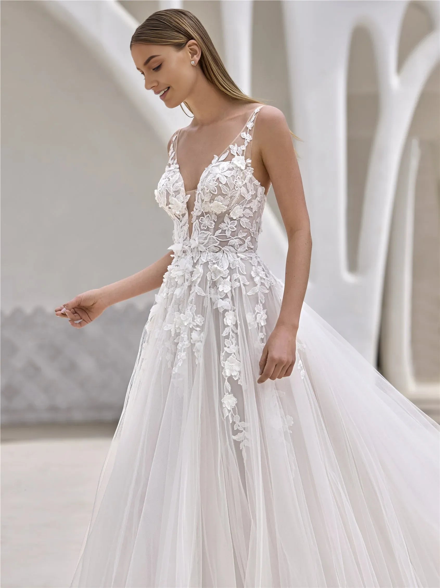 Glamorous A-Line Plunging V-Neck Spaghetti-Strap Floral-Embroidered V-back Floor-Length Wedding Dress