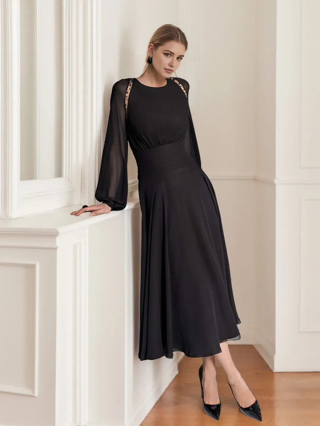Glamorous A-Line Round Neck Sheer Long Sleeve Button-Back Tea-Length Mother of the Bride Dresses with Beading