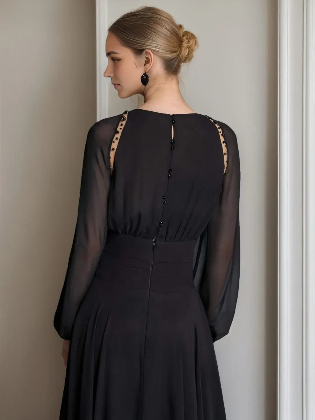 Glamorous A-Line Round Neck Sheer Long Sleeve Button-Back Tea-Length Mother of the Bride Dresses with Beading