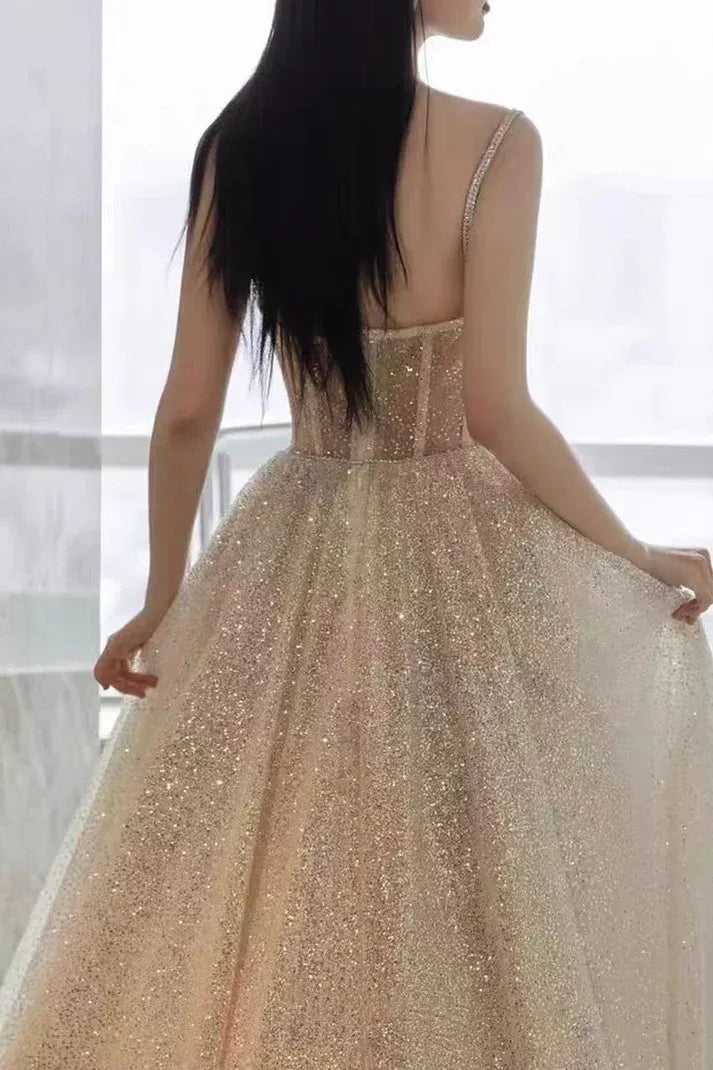 Glamorous A-Line Spaghetti Strap Corset Glitter Tulle White Train Evening Dress