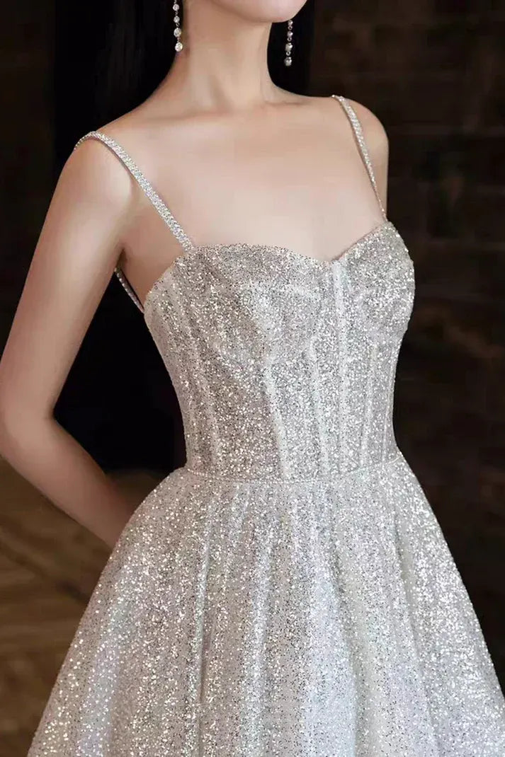 Glamorous A-Line Spaghetti Strap Corset Glitter Tulle White Train Evening Dress