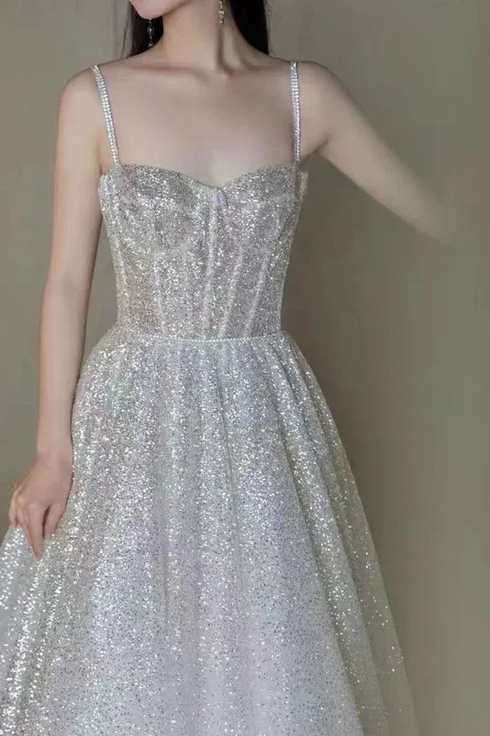Glamorous A-Line Spaghetti Strap Corset Glitter Tulle White Train Evening Dress