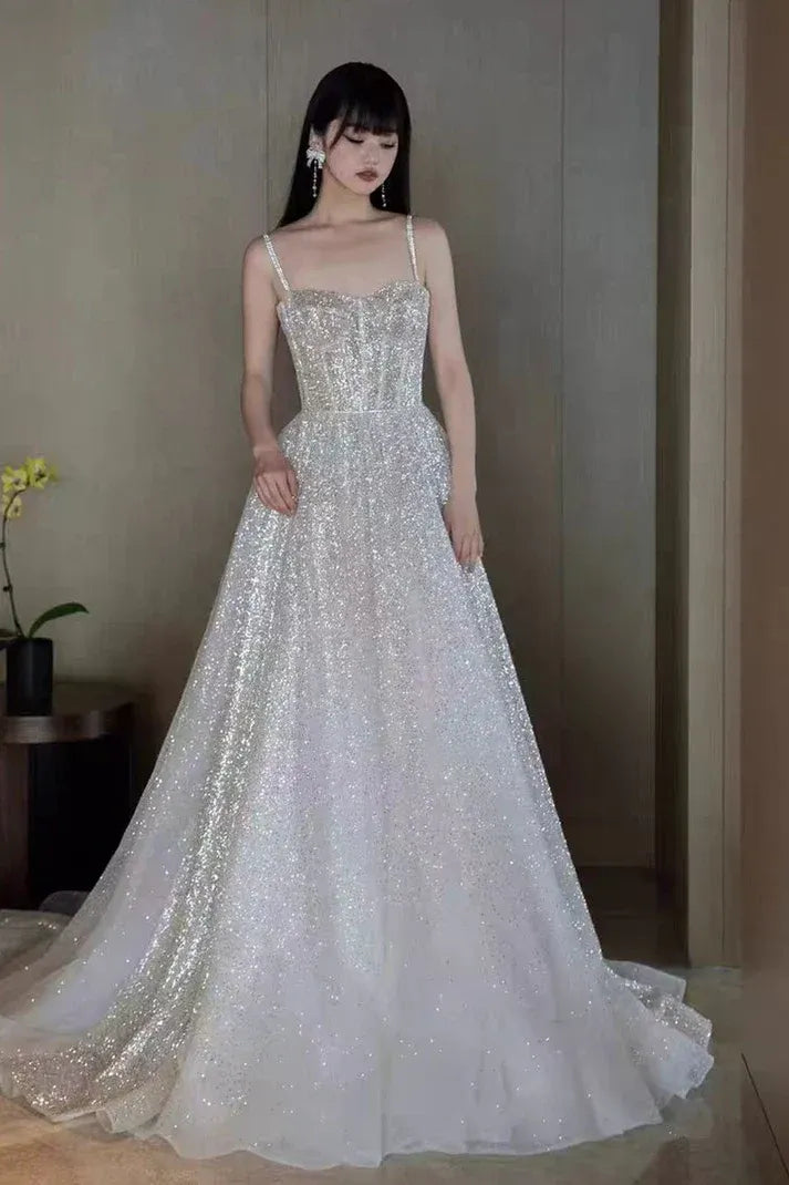 Glamorous A-Line Spaghetti Strap Corset Glitter Tulle White Train Evening Dress