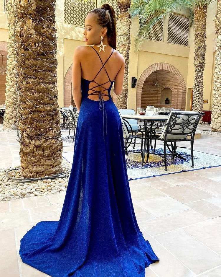 Glamorous A-Line Spaghetti Strap Glitter Royal Blue Maxi Prom Dress