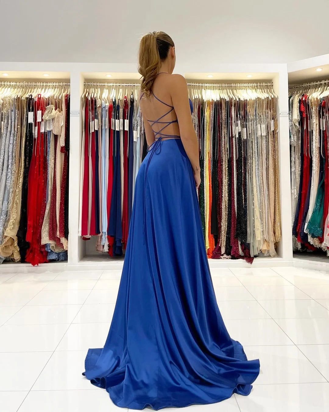 Glamorous A-Line Spaghetti Strap Satin Royal Blue Prom Dress