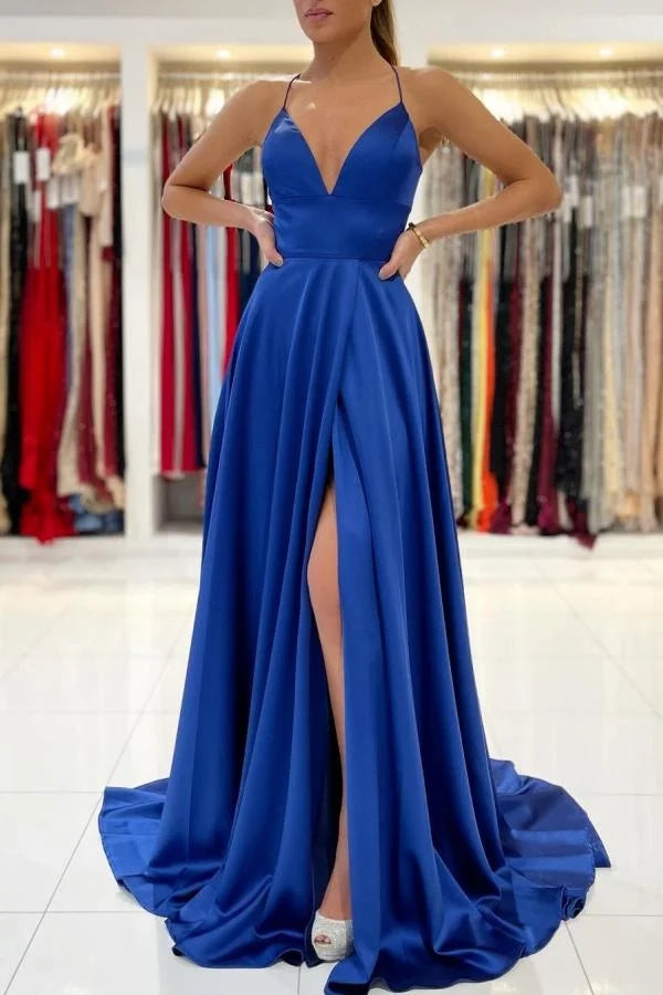 Glamorous A-Line Spaghetti Strap Satin Royal Blue Prom Dress