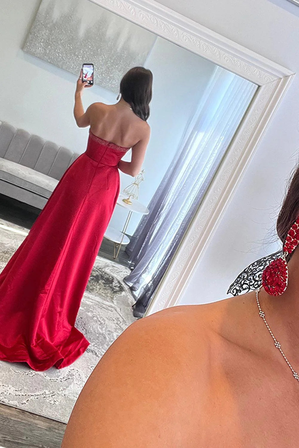 Glamorous A-Line Strapless Bow Red Floor-Length Prom Dress