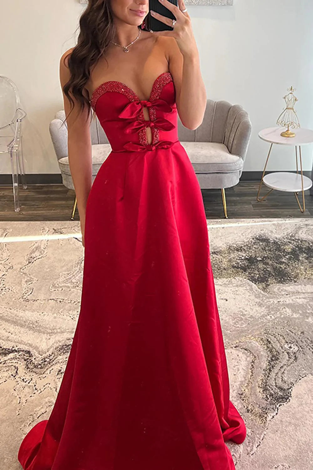 Glamorous A-Line Strapless Bow Red Floor-Length Prom Dress