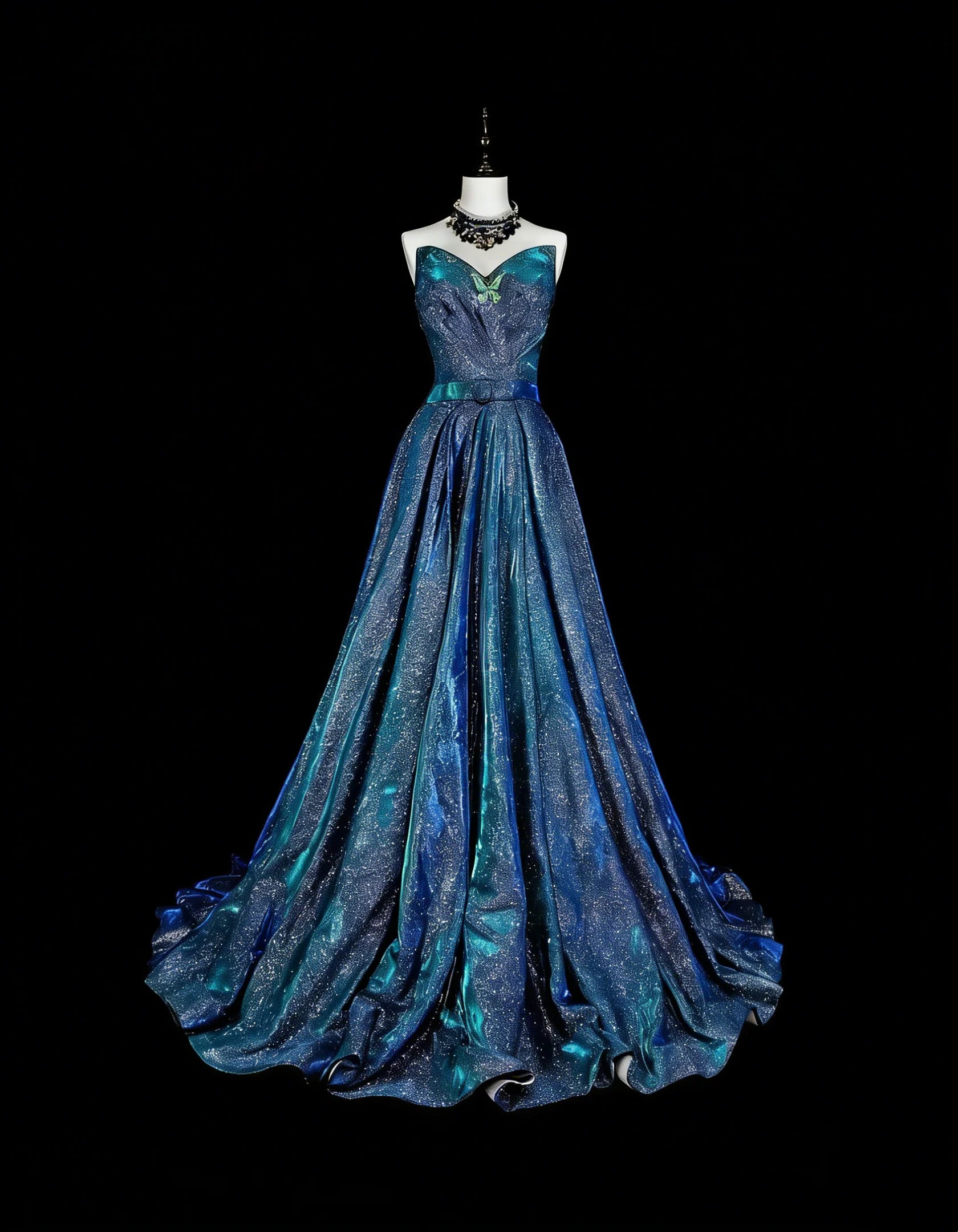 Glamorous A-Line Strapless Glitter Teal Blue Maxi Prom Dress