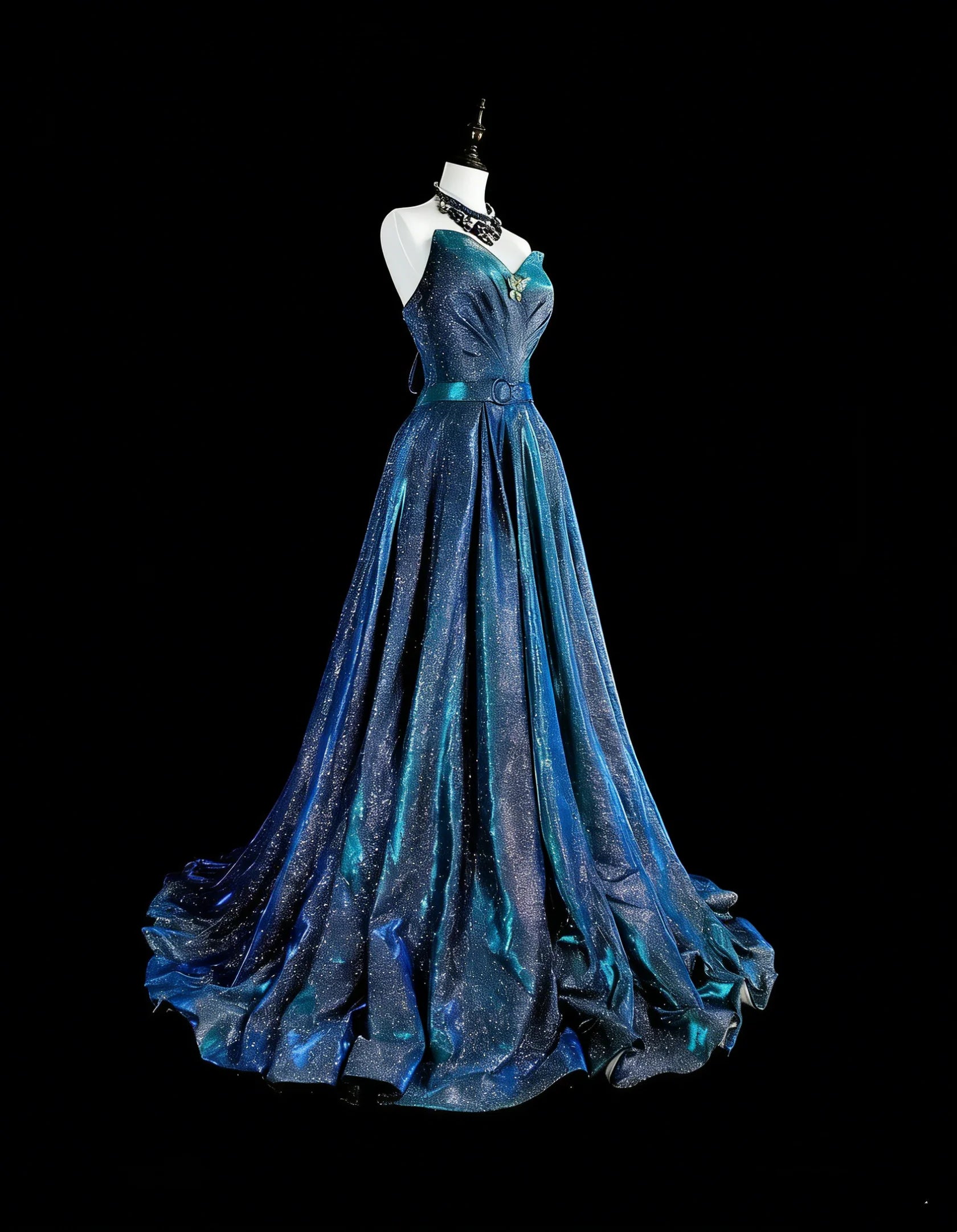 Glamorous A-Line Strapless Glitter Teal Blue Maxi Prom Dress