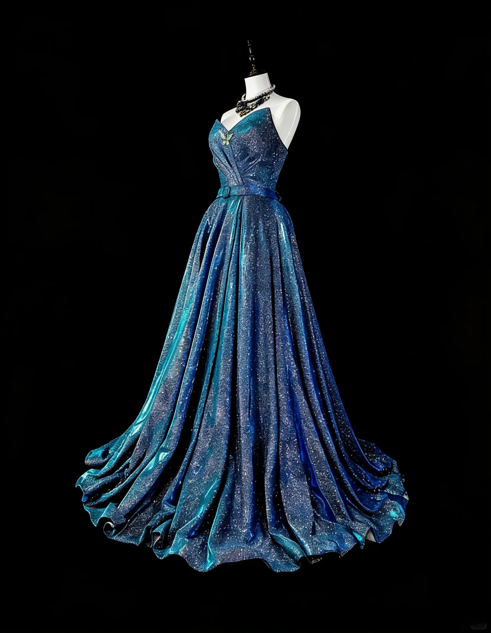 Glamorous A-Line Strapless Glitter Teal Blue Maxi Prom Dress