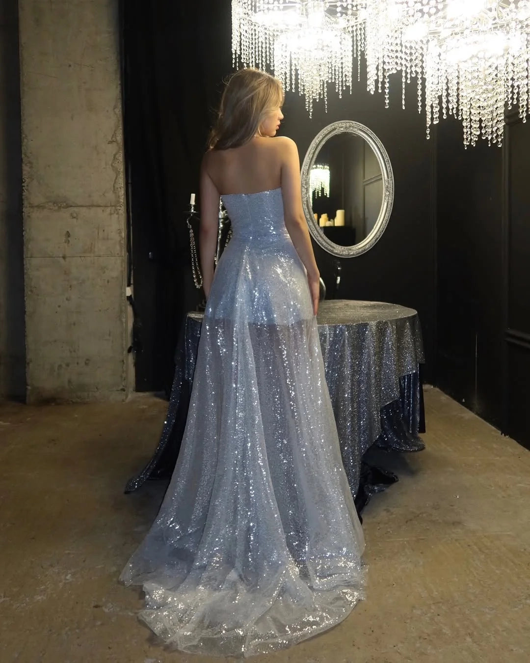 Glamorous A-Line Strapless Sleeveless Sequin Silver Maxi Prom Dress