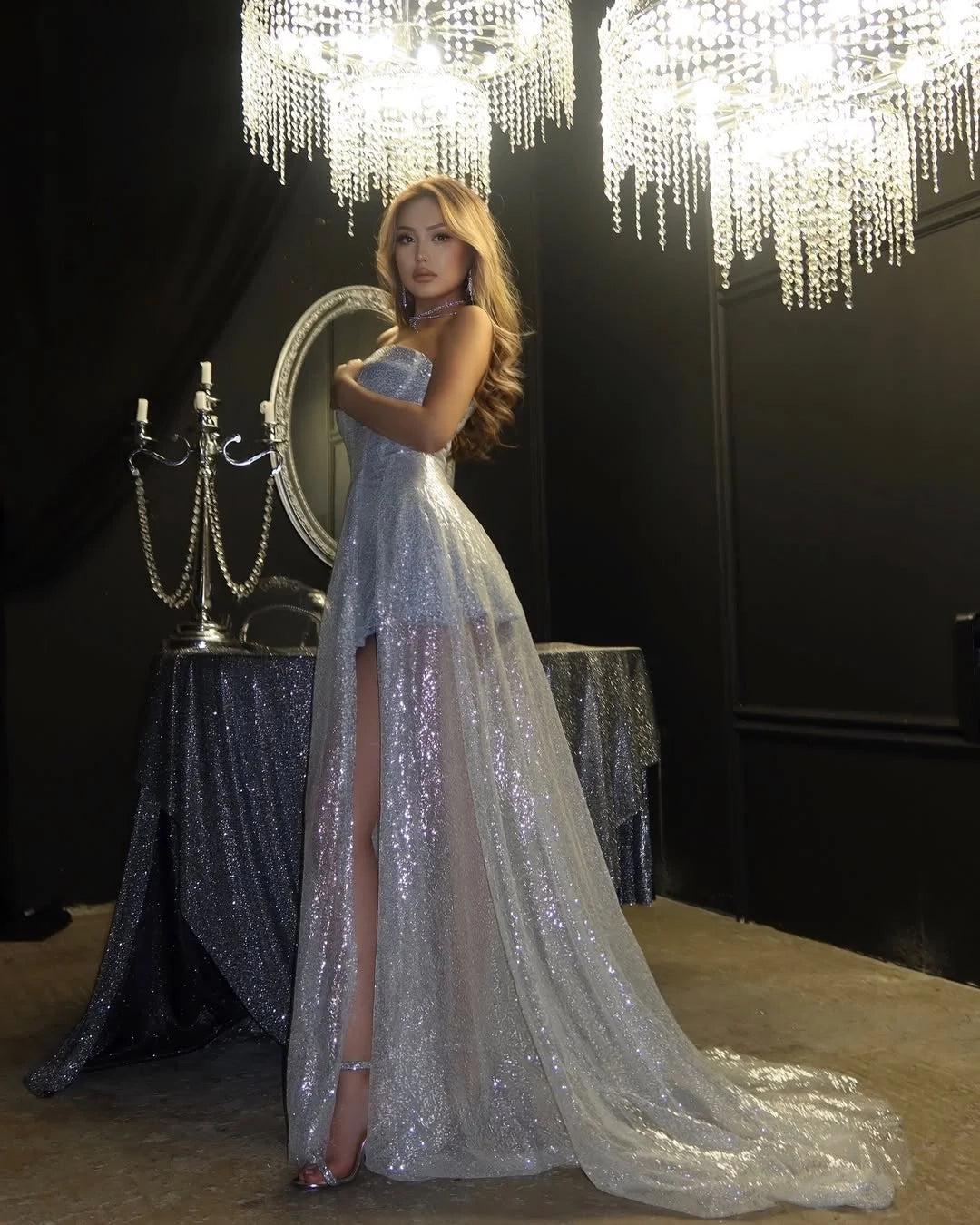 Glamorous A-Line Strapless Sleeveless Sequin Silver Maxi Prom Dress