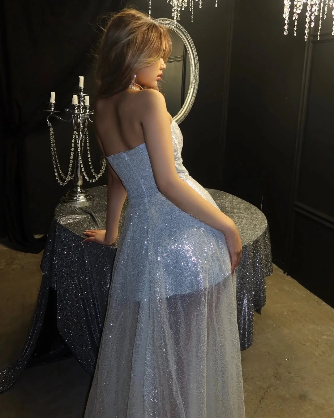 Glamorous A-Line Strapless Sleeveless Sequin Silver Maxi Prom Dress