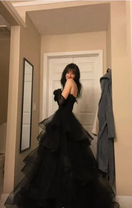 Glamorous A-Line Strapless Tiered Ruffle Black Floor-Length Prom Dress Buy