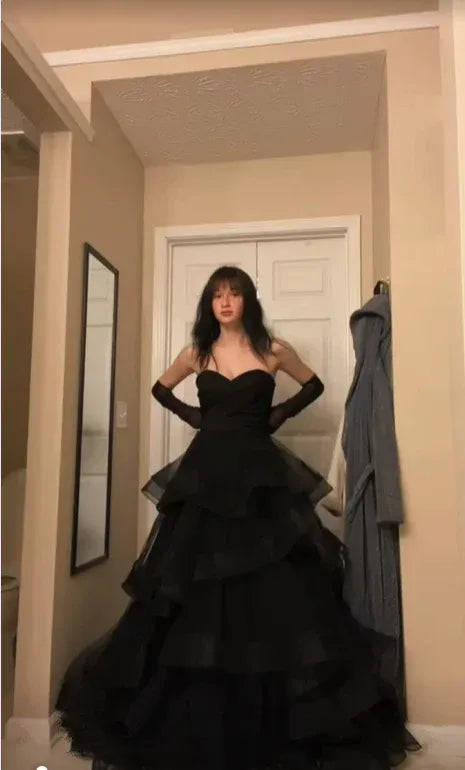 Glamorous A-Line Strapless Tiered Ruffle Black Floor-Length Prom Dress Buy