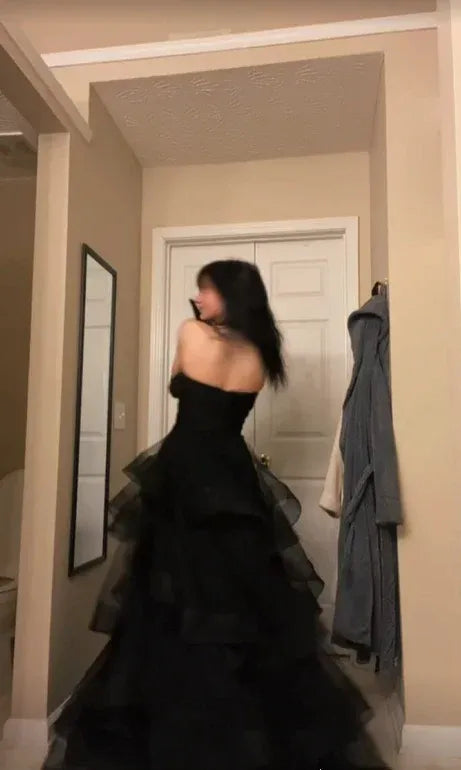 Glamorous A-Line Strapless Tiered Ruffle Black Floor-Length Prom Dress Buy