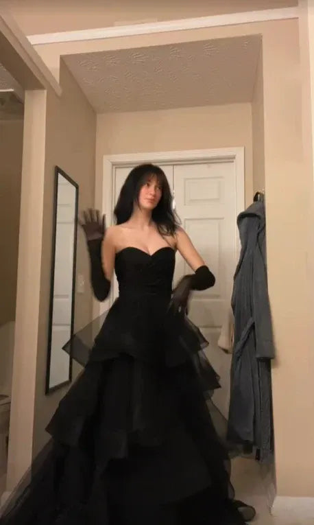 Glamorous A-Line Strapless Tiered Ruffle Black Floor-Length Prom Dress Buy