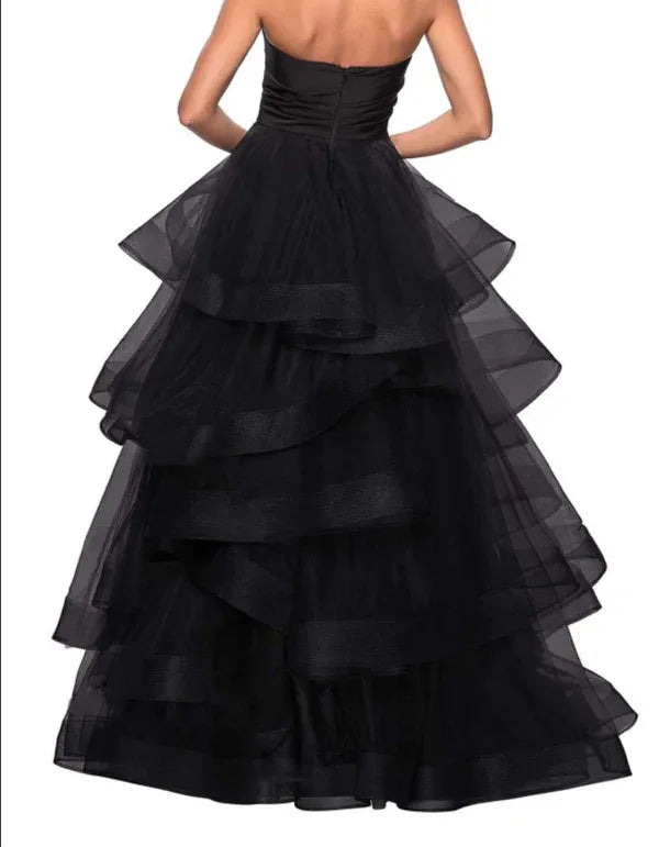 Glamorous A-Line Strapless Tiered Ruffle Black Floor-Length Prom Dress Buy