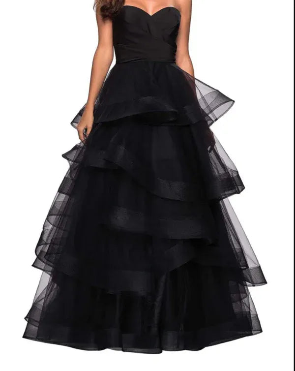 Glamorous A-Line Strapless Tiered Ruffle Black Floor-Length Prom Dress Buy