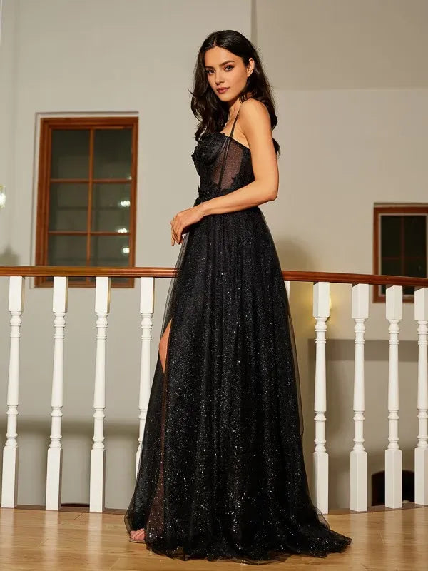 Glamorous A-Line Sweetheart Neck Spaghetti Strap Back Zip Floor-Length Applique Prom Dresses with Slit