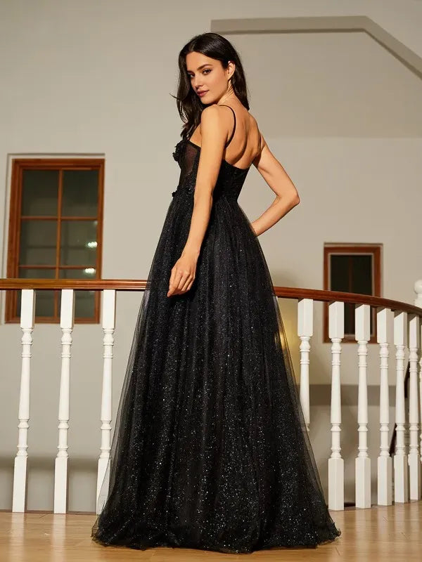 Glamorous A-Line Sweetheart Neck Spaghetti Strap Back Zip Floor-Length Applique Prom Dresses with Slit