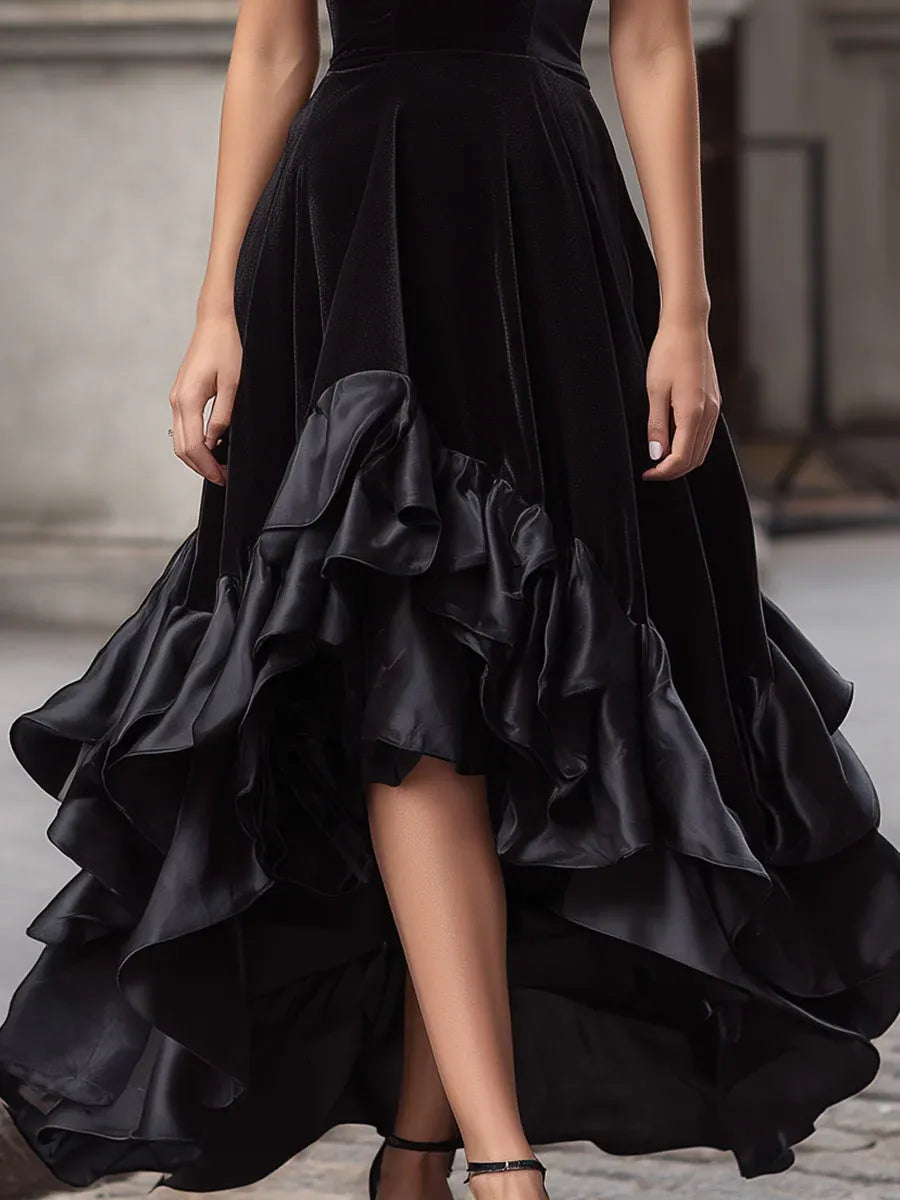 Glamorous A-Line Sweetheart Ruffle Velvet Black High Low Prom Dresses