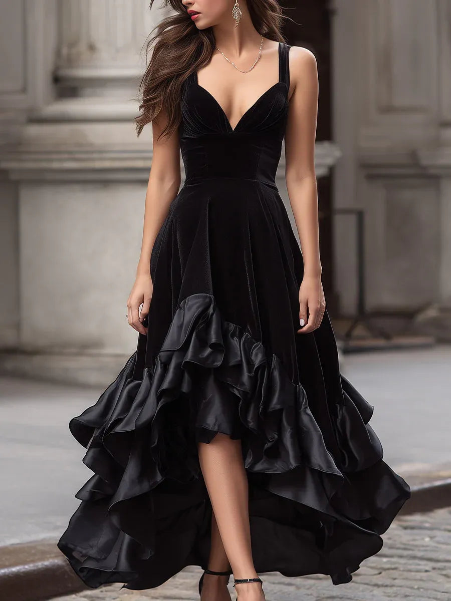 Glamorous A-Line Sweetheart Ruffle Velvet Black High Low Prom Dresses