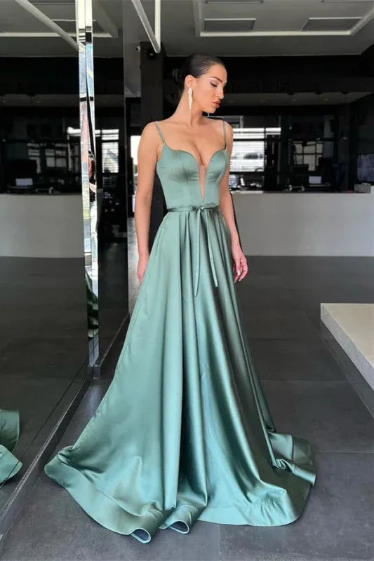 Glamorous A-Line Sweetheart Spaghetti Strap Belted Sage Floor-Length Prom Dress For Women