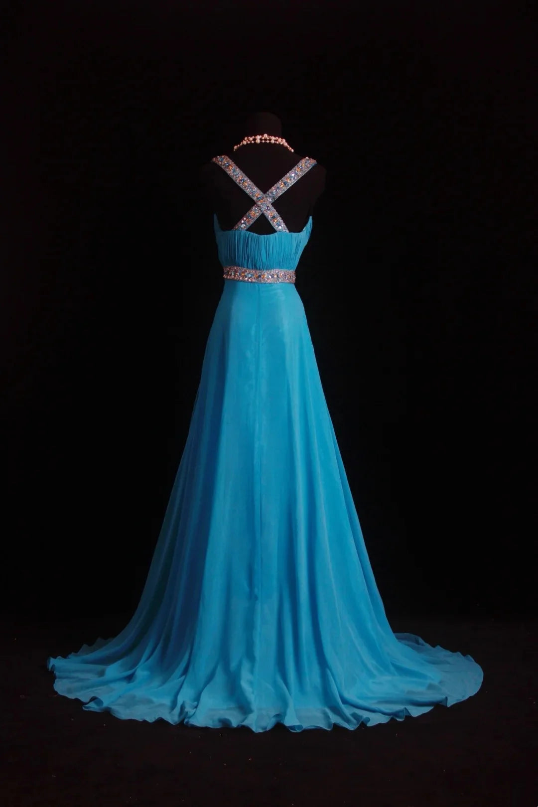 Glamorous A-Line V-Neck Beaded Turquoise Maxi Prom Dress