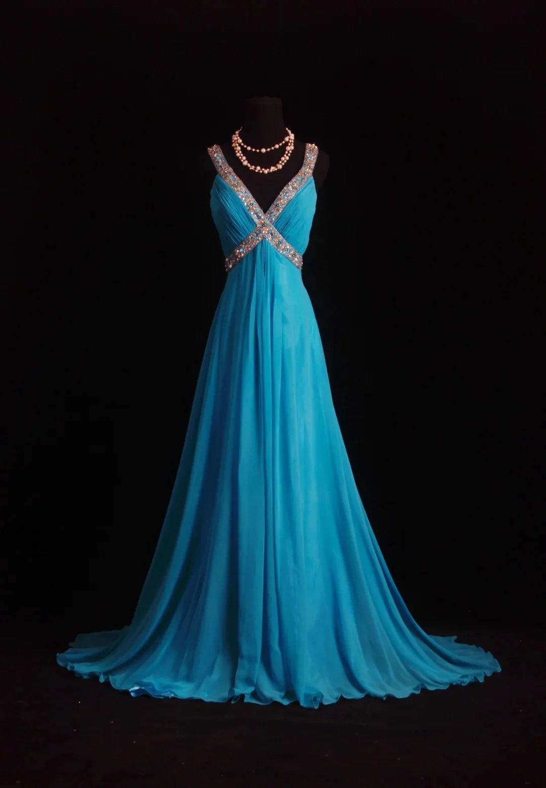Glamorous A-Line V-Neck Beaded Turquoise Maxi Prom Dress